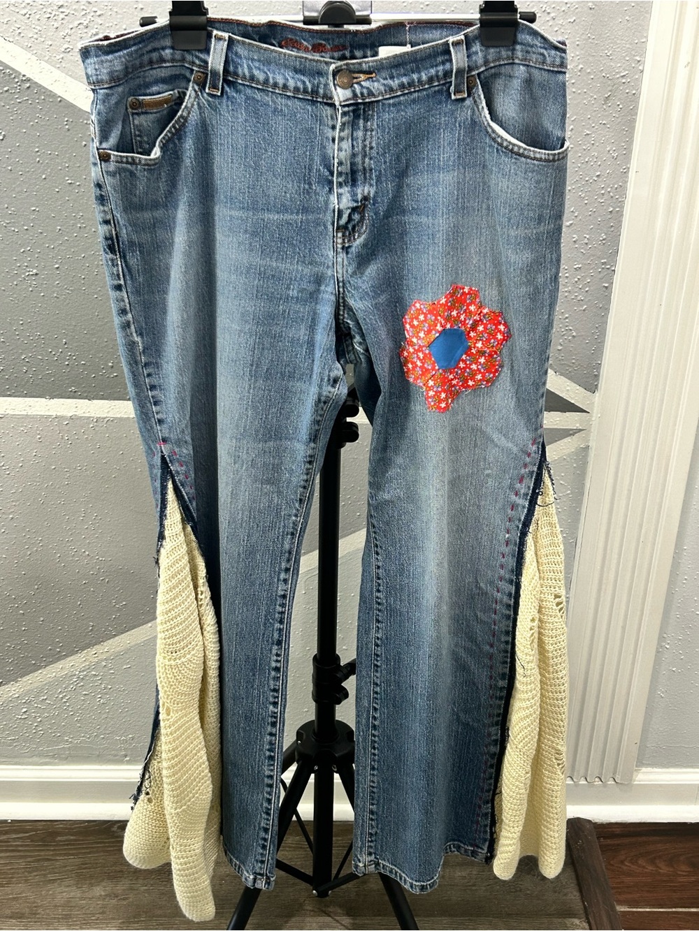 Eddie Bauer Blue Denim Flare Jeans with Red Floral Patch